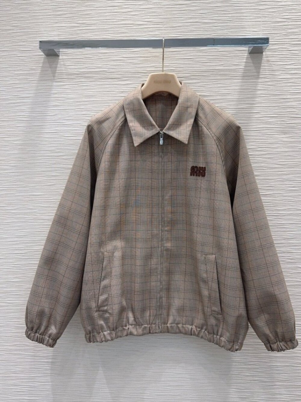 Miu Miu Plaid Zip‑Up Collared Harrington Jacket Brown Beige M